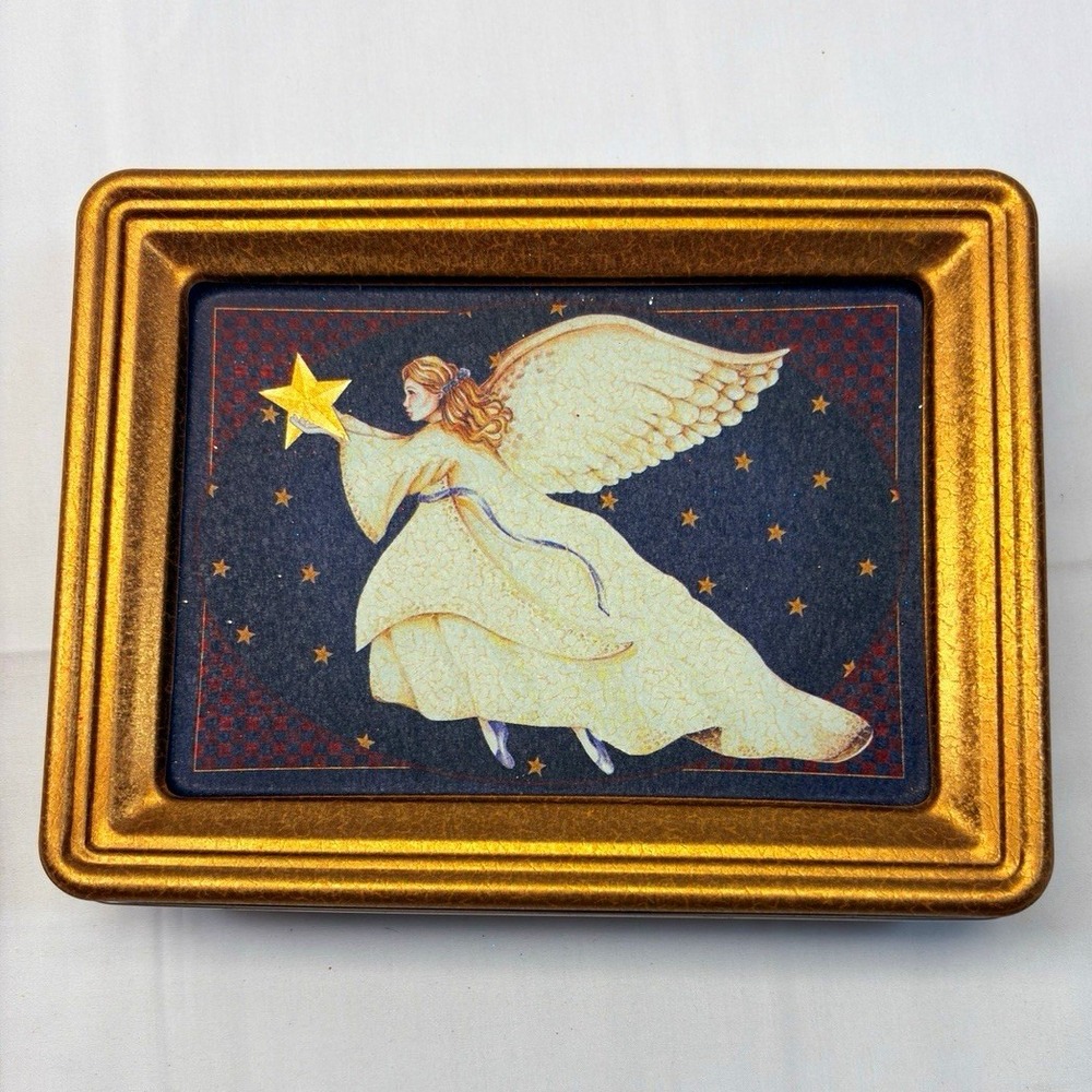 Small Rectangular Metal Tin Trinket Box w/ Lid Angel & Stars Gold Blue I-574